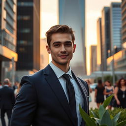 A dashing young man with charming features, wearing a tailored navy blue suit, standing confidently in an upscale urban environment