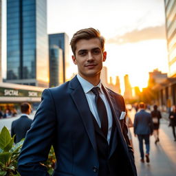 A dashing young man with charming features, wearing a tailored navy blue suit, standing confidently in an upscale urban environment