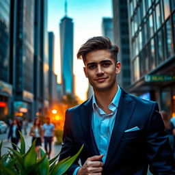 A dashing young man with charming features, wearing a tailored navy blue suit, standing confidently in an upscale urban environment