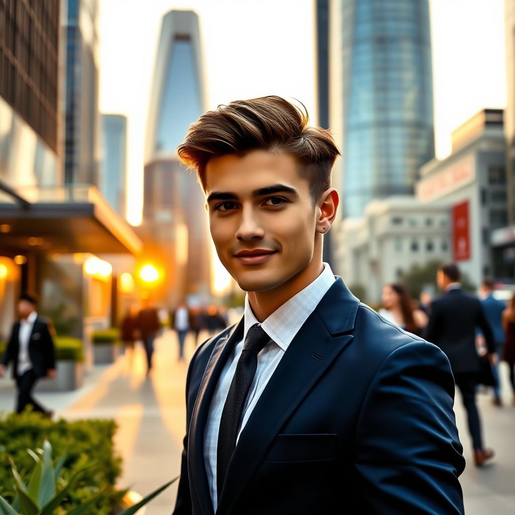 A dashing young man with charming features, wearing a tailored navy blue suit, standing confidently in an upscale urban environment