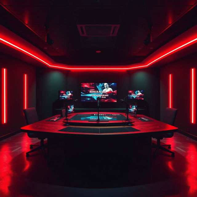 A darkly lit broadcasting room with a modern aesthetic, featuring rich green walls illuminated by striking red LED lights
