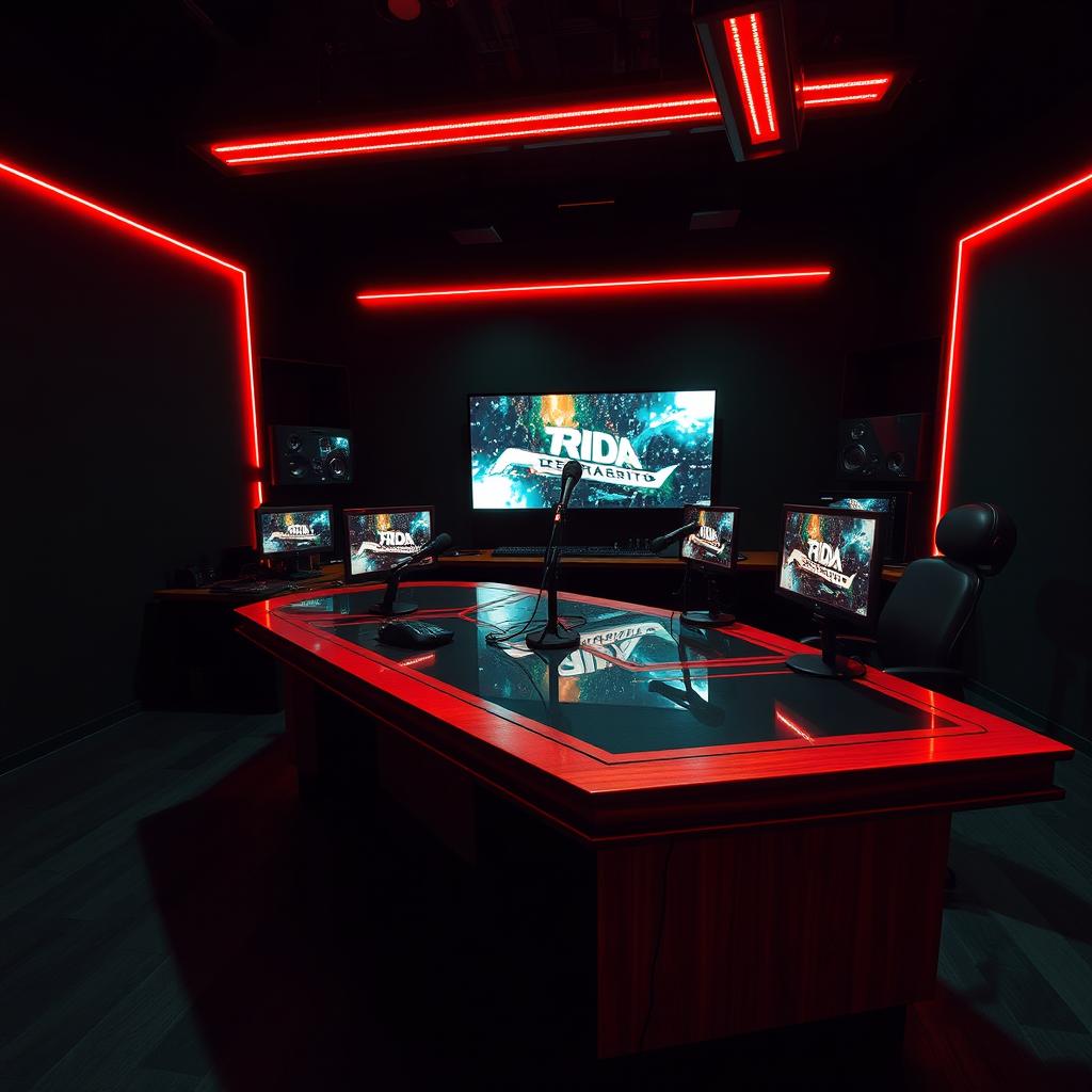 A darkly lit broadcasting room with a modern aesthetic, featuring rich green walls illuminated by striking red LED lights