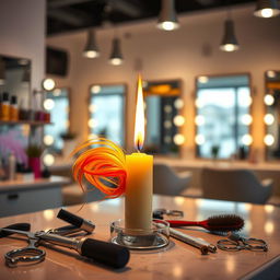 A creatively imagined scene featuring a vibrant candle that transforms into a whimsical hair stylist