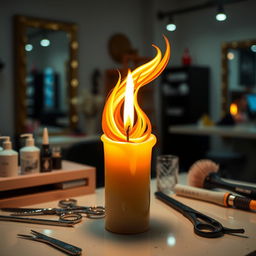 A creatively imagined scene featuring a vibrant candle that transforms into a whimsical hair stylist