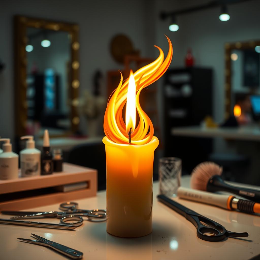 A creatively imagined scene featuring a vibrant candle that transforms into a whimsical hair stylist