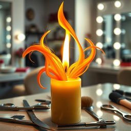 A creatively imagined scene featuring a vibrant candle that transforms into a whimsical hair stylist