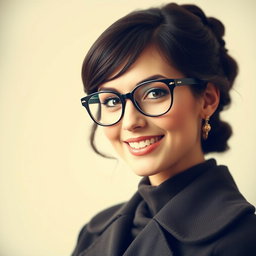 A classic portrait featuring an elegant figure wearing stylish eyeglasses, showcasing a charming, classical smile