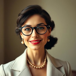 A classic portrait featuring an elegant figure wearing stylish eyeglasses, showcasing a charming, classical smile