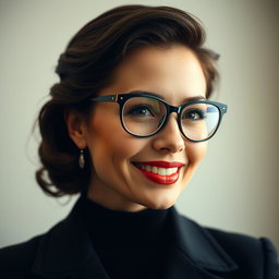A classic portrait featuring an elegant figure wearing stylish eyeglasses, showcasing a charming, classical smile