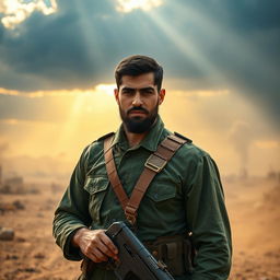 A soldier in the Iranian Sacred Defense era, wearing a traditional military uniform with olive green colors