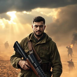 A soldier in the Iranian Sacred Defense era, wearing a traditional military uniform with olive green colors