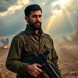 A soldier in the Iranian Sacred Defense era, wearing a traditional military uniform with olive green colors