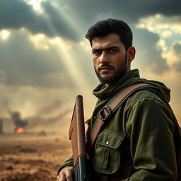 A soldier in the Iranian Sacred Defense era, wearing a traditional military uniform with olive green colors