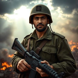 A soldier in the Iranian Sacred Defense era, featuring a strong and determined facial expression