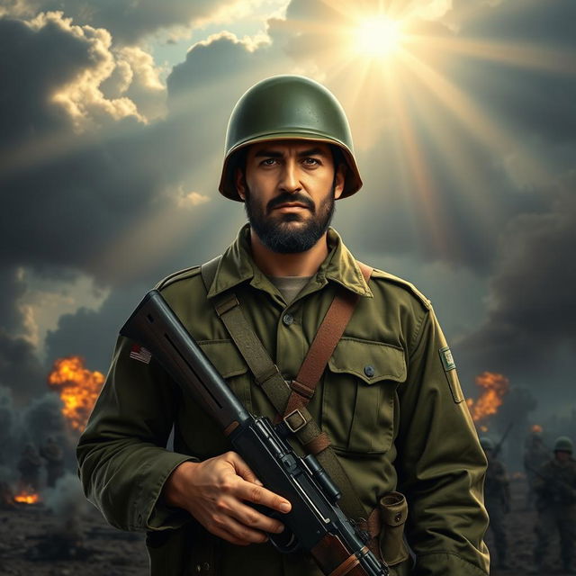 A soldier in the Iranian Sacred Defense era, featuring a strong and determined facial expression