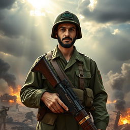 A soldier in the Iranian Sacred Defense era, featuring a strong and determined facial expression
