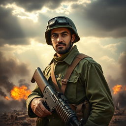 A soldier in the Iranian Sacred Defense era, featuring a strong and determined facial expression
