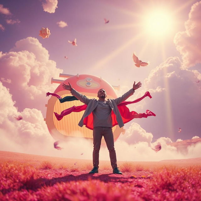 A surreal scene featuring an abstract, colorful landscape