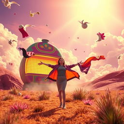 A surreal scene featuring an abstract, colorful landscape