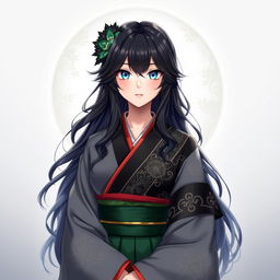 A stunning female original character inspired by Genshin Impact, featuring beautiful wavy black hair that frames her face and falls to her shoulders