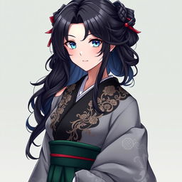 A stunning female original character inspired by Genshin Impact, featuring beautiful wavy black hair that frames her face and falls to her shoulders