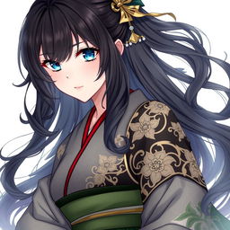 A stunning female original character inspired by Genshin Impact, featuring beautiful wavy black hair that frames her face and falls to her shoulders