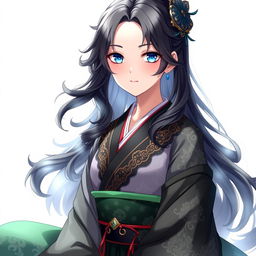 A stunning female original character inspired by Genshin Impact, featuring beautiful wavy black hair that frames her face and falls to her shoulders