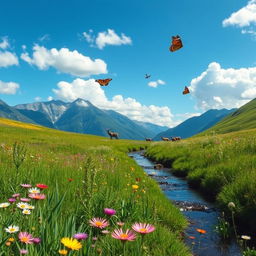 A serene landscape showcasing a lush green meadow with wildflowers blooming in a spectrum of colors