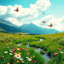A serene landscape showcasing a lush green meadow with wildflowers blooming in a spectrum of colors