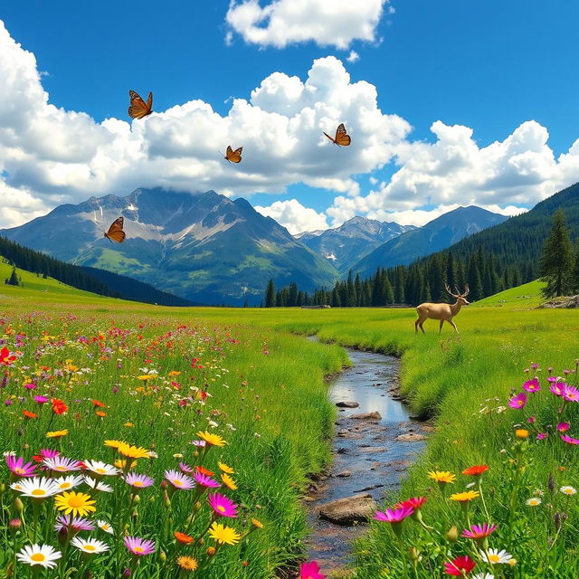 A serene landscape showcasing a lush green meadow with wildflowers blooming in a spectrum of colors