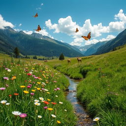 A serene landscape showcasing a lush green meadow with wildflowers blooming in a spectrum of colors