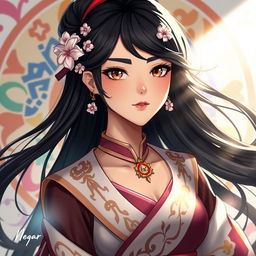 A visually striking portrait of a character named Negar, showcasing her vibrant personality
