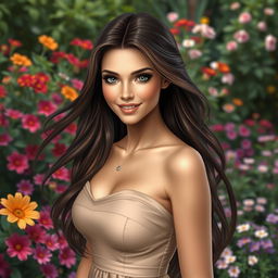 A beautiful woman with an incredibly realistic appearance, featuring long flowing hair, sparkling eyes, and a captivating smile