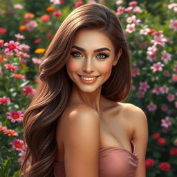 A beautiful woman with an incredibly realistic appearance, featuring long flowing hair, sparkling eyes, and a captivating smile