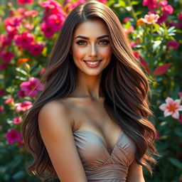 A beautiful woman with an incredibly realistic appearance, featuring long flowing hair, sparkling eyes, and a captivating smile