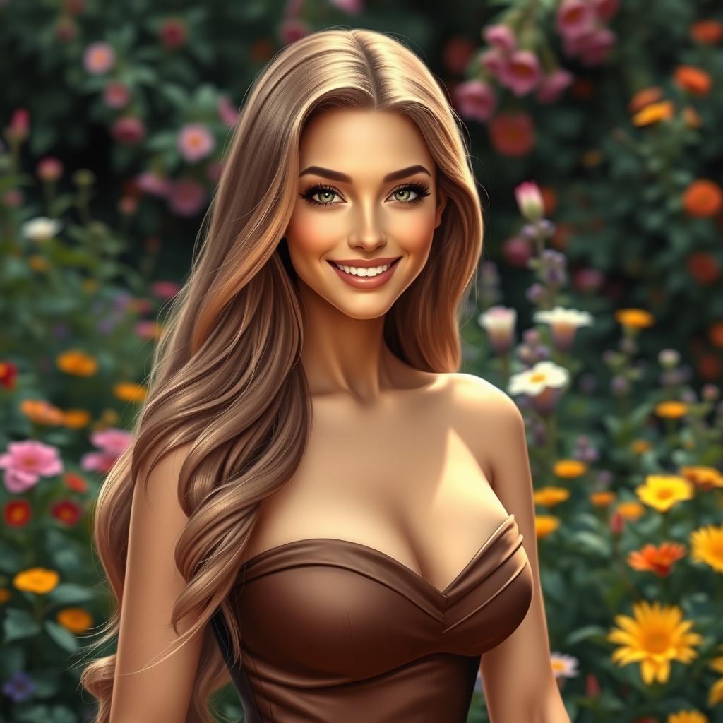 A beautiful woman with an incredibly realistic appearance, featuring long flowing hair, sparkling eyes, and a captivating smile