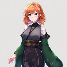 A stunning female original character from Genshin Impact, featuring shoulder-length wavy orange hair and striking green eyes