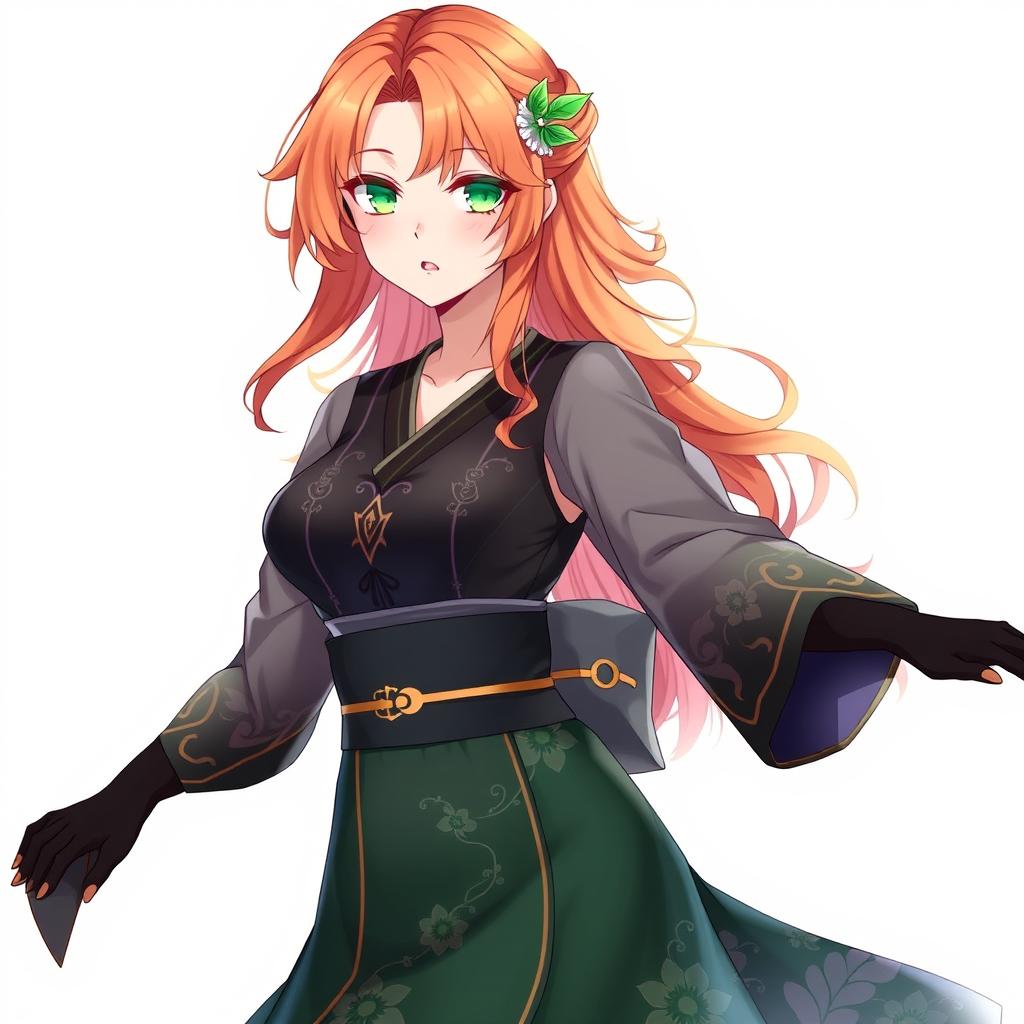 A stunning female original character from Genshin Impact, featuring shoulder-length wavy orange hair and striking green eyes