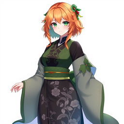 A stunning female original character from Genshin Impact, featuring shoulder-length wavy orange hair and striking green eyes