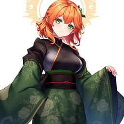 A stunning female original character from Genshin Impact, featuring shoulder-length wavy orange hair and striking green eyes