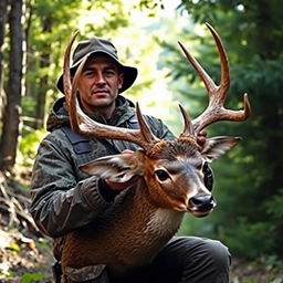 A skilled hunter in a rugged outdoor setting, confidently holding the head of a deer, preparing to take a photo