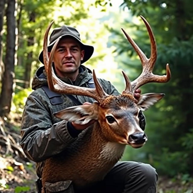 A skilled hunter in a rugged outdoor setting, confidently holding the head of a deer, preparing to take a photo