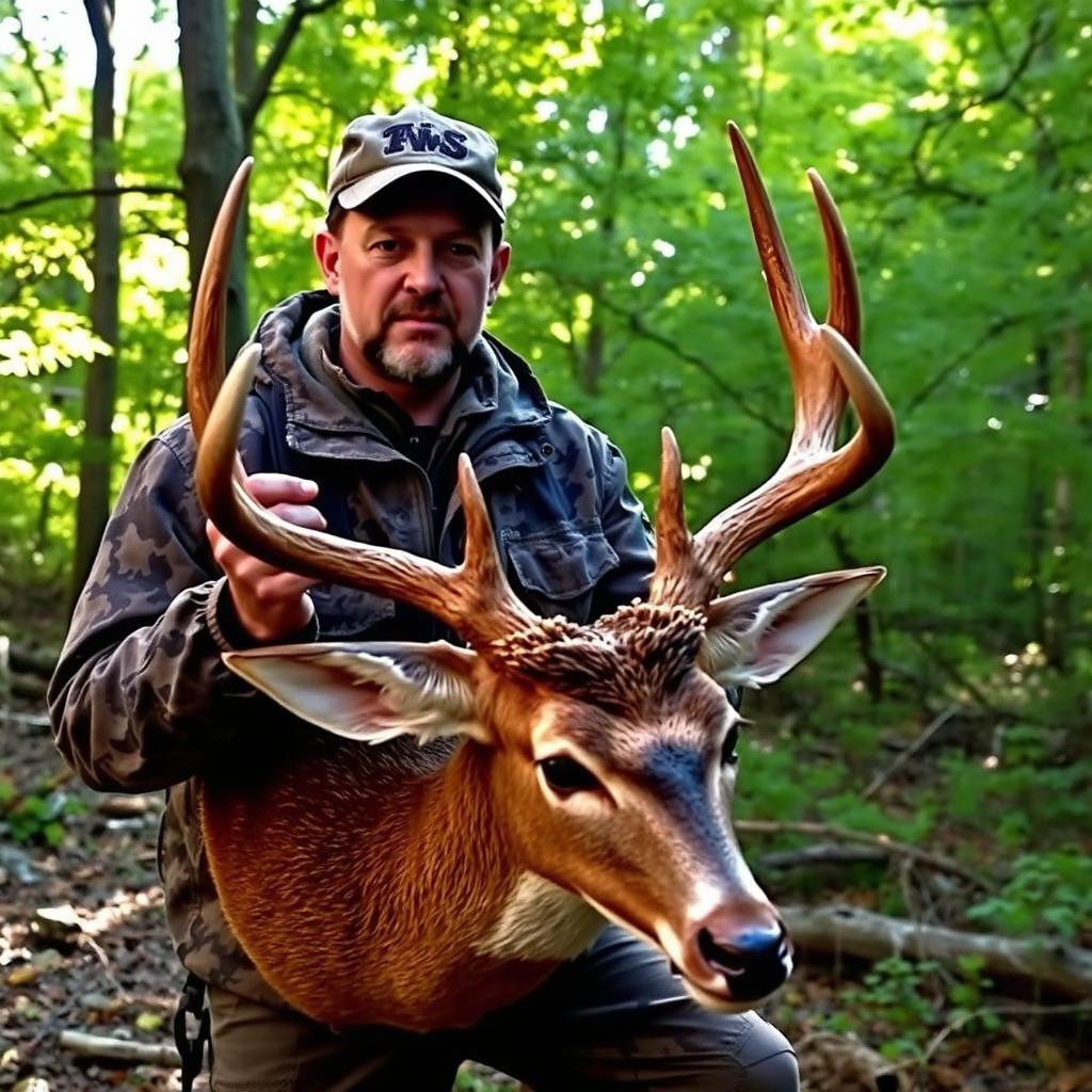 A skilled hunter in a rugged outdoor setting, confidently holding the head of a deer, preparing to take a photo