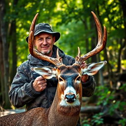 A skilled hunter in a rugged outdoor setting, confidently holding the head of a deer, preparing to take a photo