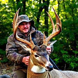 A skilled hunter in a rugged outdoor setting, confidently holding the head of a deer, preparing to take a photo