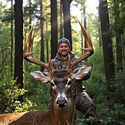 A confident hunter in a dense forest, holding the head of a majestic deer, surrounded by tall trees and thick underbrush