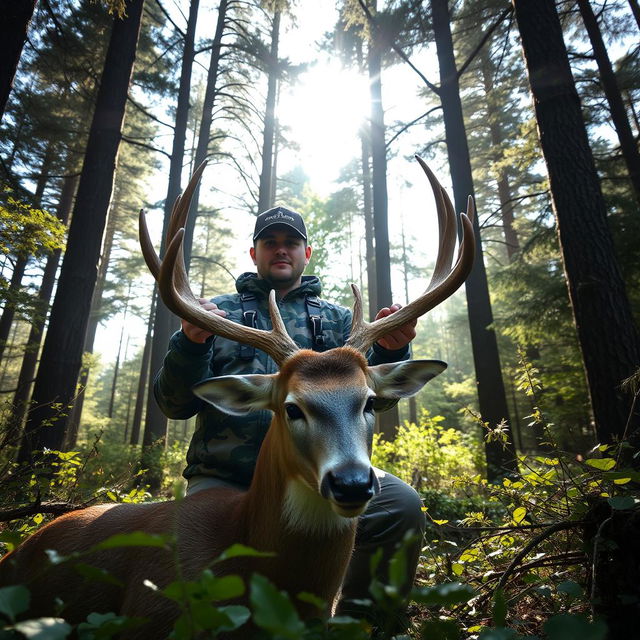 A confident hunter in a dense forest, holding the head of a majestic deer, surrounded by tall trees and thick underbrush