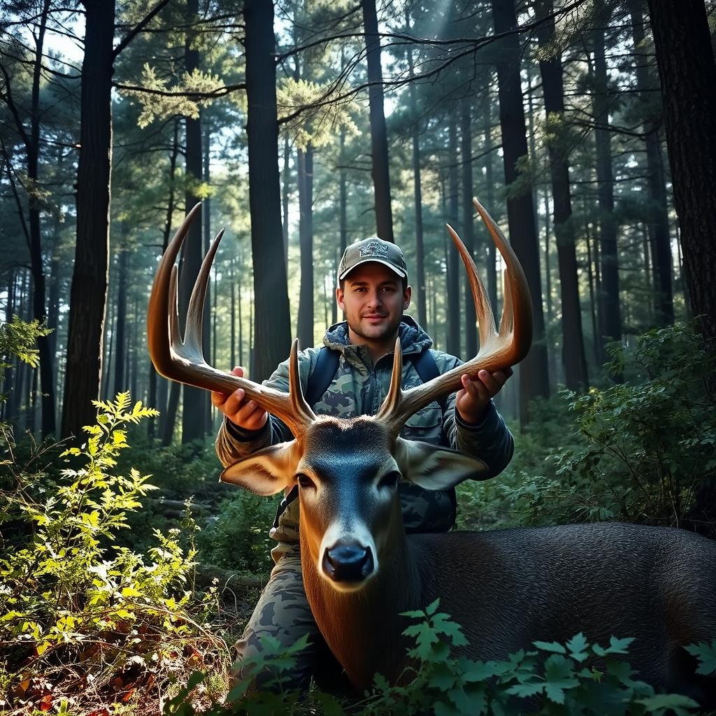 A confident hunter in a dense forest, holding the head of a majestic deer, surrounded by tall trees and thick underbrush