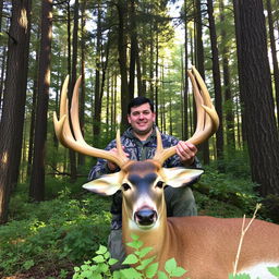 A confident hunter in a dense forest, holding the head of a majestic deer, surrounded by tall trees and thick underbrush