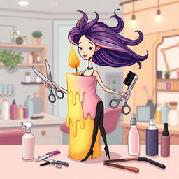 A whimsical illustration of a candle that creatively transforms into a dynamic hair stylist
